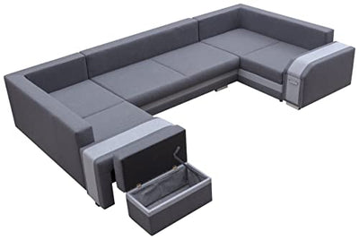 MKS MEBLE Ecksofa mit Hocker und Schuublade - U-Form Sofa Mit Schlaffunktion - Wohnlandschaft - Ausklappbar Bettsofa - Wohnzimmer U Couch - Polstersofa mit Bettkasten ASSAN U