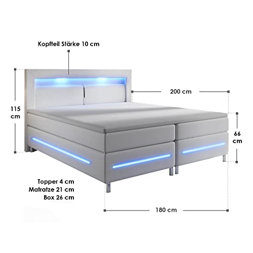 Juskys Boxspringbett Norfolk 180 x 200 cm - LED-Beleuchtung, Bonell-Matratze & Topper - 66 cm Komforthöhe - weiß - Bett Doppelbett Polsterbett