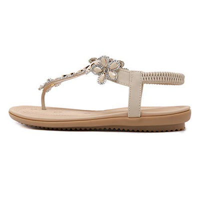 SANMIO Damen Sandals Bohemian Strass Flach Sandaletten PU Leder Zehentrenner, Beige-a, Gr.- 37 EU