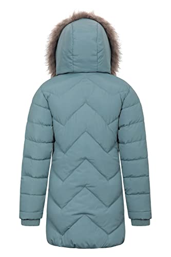 Mountain Warehouse Galaxy gefütterte, gepolsterte Fleece-Kinderjacke – wasserdichte Winter Steppjacke für Mädchen & Jungen, Kapuze aus Kunstfell, Longline Blaugrün 7-8 Jahre