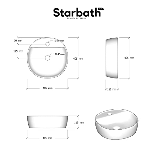 Starbath Plus - Keramik-Waschtisch - Rund - Weiß - Mit Hahnloch - Maße 40 x 40 x 12 cm - Ideal für Arbeitsplatten in Badezimmern und Toilettenmöbeln