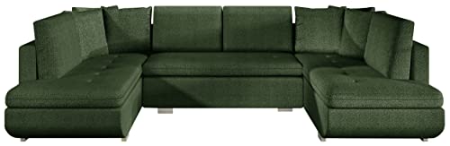 MKS MEBLE Ecksofa - U-Form Sofa Mit Schlaffunktion - Wohnlandschaft - Ausklappbar Bettsofa - Wohnzimmer U Couch - Polstersofa mit Bettkasten - Argent U - Grün Malmo