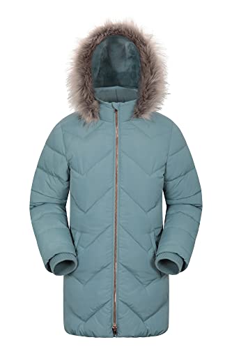 Mountain Warehouse Galaxy gefütterte, gepolsterte Fleece-Kinderjacke – wasserdichte Winter Steppjacke für Mädchen & Jungen, Kapuze aus Kunstfell, Longline Blaugrün 7-8 Jahre