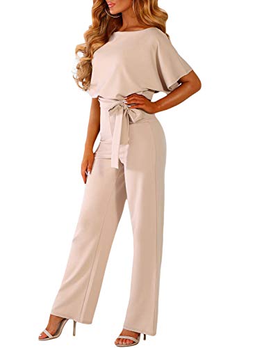 HAPPY SAILED Damen Langarm O-Ausschnitt Elegant Lang Jumpsuit Overall Hosenanzug Playsuit Romper Aprikose,M