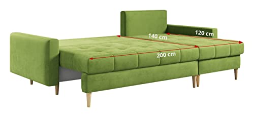 MKS MEBLE Ecksofa Wohnzimmer - Wohnlandschaft - L-Form Couch mit Schlaffunktion - Bettsofa - Wohnzimmer L Couch - Polstersofa mit Bettkasten - Astra Grün