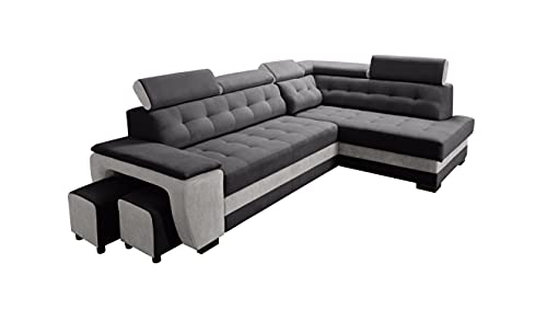 Robin Grand Ecksofa mit Schlaffunktion, Schlafsofa mit Bettkasten und Zwei Hocker, Freistehendes Eckcouch in L-Form, verstellbare Kopfstützen, Polstergarnitur Sofa