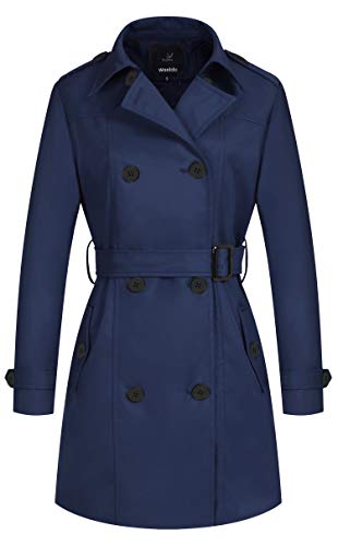 Wantdo Damen Schulterklappen Jacke mit Verstellbare Gürtel Winddicht Herbst Jacke Zweireiher Trenchcoat Mantel Navy S