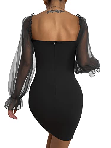 SheIn Damen Figurbetontes Kleid Netz Volant Ärmeln Minikleid Partykleid Bleistift Kleider Herzausschnitt Tanzkleid Schwarz M