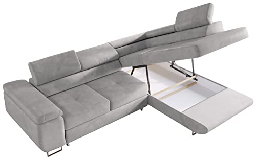 MKS MEBLE Ecksofa Wohnzimmer - Wohnlandschaft - L-Form Couch mit Schlaffunktion - Bettsofa - Wohnzimmer L Couch - Polstersofa mit Bettkasten - Gustaw Hellgrau