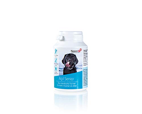 Tierarzt24 Agil Senior unterstützt Hunde im Alter. Leckere Tabletten für Gelenke, Zähne, Herz und Gedächtnis. Mit Ginkgo-Extrakt und MSM - 60 Tabletten (120 g)