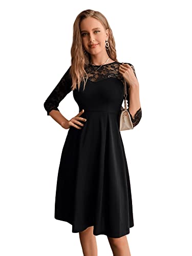 SheIn Damen Elegant Spitzenkleid Knielang 3/4 Arm Partykleid Rundhals Midikleid A-Linie Kleider Hohe Taille Abendkleid Skaterkleid Schwarz M