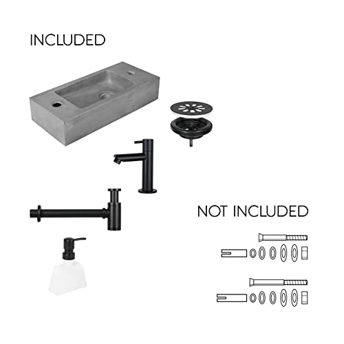 Differnz Jax Waschbecken klein - Handwaschbecken Beton Grau - Armaturen Matt Schwarz - Seifenspender - Wasserhahn Rechts - Waschtisch - 42 x 18.5 x 9 cm