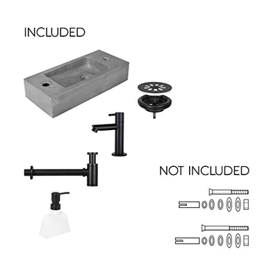Differnz Jax Waschbecken klein - Handwaschbecken Beton Grau - Armaturen Matt Schwarz - Seifenspender - Wasserhahn Rechts - Waschtisch - 42 x 18.5 x 9 cm