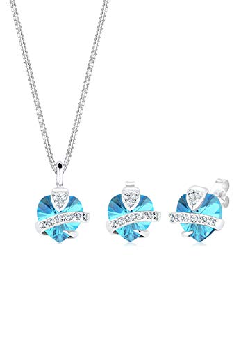 Elli Damen-Schmuckset Anhänger Halskette und Ohrstecker Herz 925 Sterling Silber 0.001 Karat Swarovski Kristall Blau 45cm - 0901641713_45