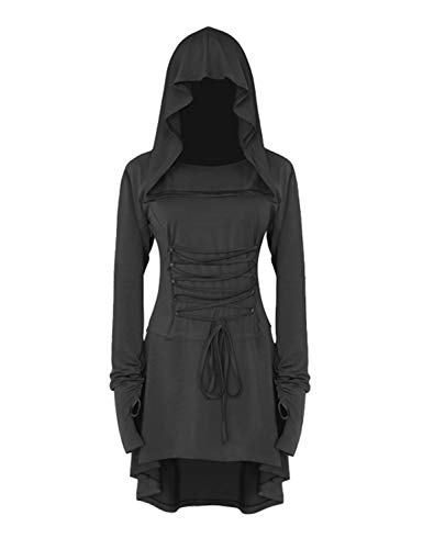 LATH.PIN Damenkostüm Cosplay für Halloween Karneval Partit Mit Kapuze Gürtel Mittelalter Vintage Asymmetrischer Elastischer Ärmel (Schwarz, M)