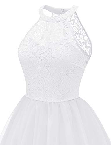 Dressystar Damen Festlich Party Cocktailkleid Hochzeitskleid Spitze Tüll Abendkleider Weiß L