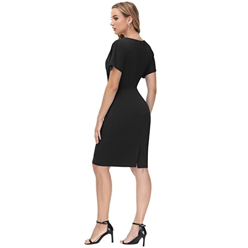 JASAMBAC Damen Fledermausärmel Bodycon Kleid V-Ausschnitt plissiert hohe Taille Hüftrock Business klassisch lässig Midi Kleider