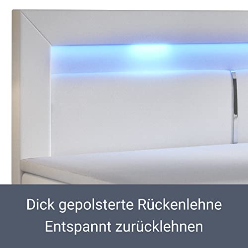 Juskys Boxspringbett Norfolk 180 x 200 cm - LED-Beleuchtung, Bonell-Matratze & Topper - 66 cm Komforthöhe - weiß - Bett Doppelbett Polsterbett