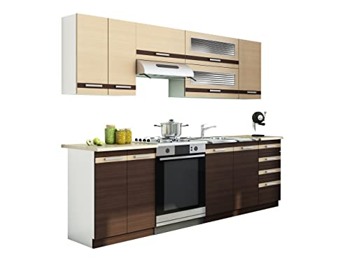 Küche Lungo/Macchiato bis 240 cm mit Arbeitsplatte, Küchenblock/Küchenzeile, 7 Schrank-Module frei kombinierbar (Weiß/Milch Eiche + Wenge/Petra Beige, mit Led Beleuchtung)