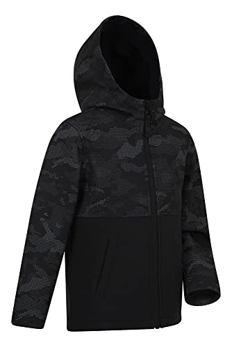 Mountain Warehouse Exodus bunt Bedruckte Softshell-Kinder-Jacke - Winddichte, Wasserabweisende, atmungsaktive Jacke aus Softshell-Stoff für Jungen und Mädchen Schwarz Camo 13 Jahre