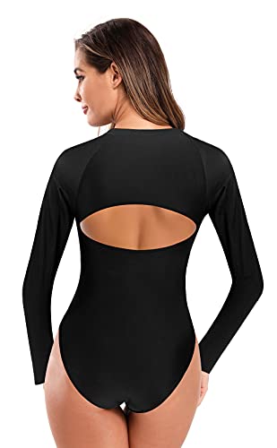 SHEKINI Damen Retro Elegant Langarm Einteiliger Badeanzug Reißverschluss High Neck Cutout Sportlich Bikini Surfanzug Tauchen Triangel Bademode（XL,Schwarz-C）