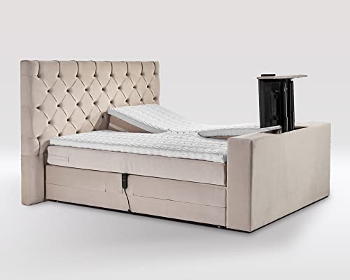 TV-Line Boxspringbett elektrisch Velourstoff 200 x 200 cm/Beige/Holzfuß