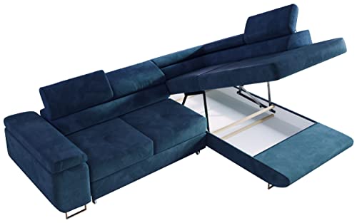 MKS MEBLE Ecksofa Wohnzimmer - Wohnlandschaft - L-Form Couch mit Schlaffunktion - Bettsofa - Wohnzimmer L Couch - Polstersofa mit Bettkasten - Gustaw Dunkelblau