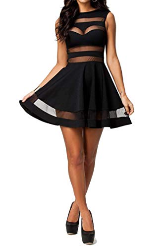 Zeagoo Damen Sexy Hohe Taille Partykleid Cocktailkleid Sommerkleid Bodycon MiniKleid mit Mesh Clubwear A-Linie Kleid S Schwarz