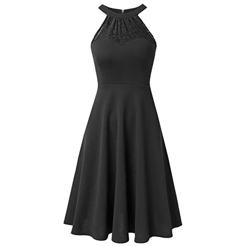 HOMEYEE Damen Vintage 50er Rockabilly Schulterfrei Bestickte Spitze Cocktailkleid A283 (M, Schwarz)