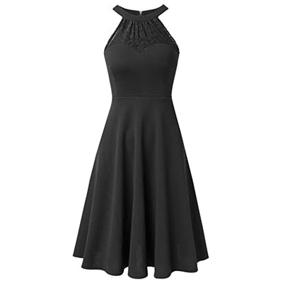 HOMEYEE Damen Vintage 50er Rockabilly Schulterfrei Bestickte Spitze Cocktailkleid A283 (M, Schwarz)