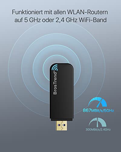 BrosTrend Linux USB WLAN Stick AC1200 für Ubuntu, Mint, Kali, Debian, Kubuntu, Mate, Zorin, PureOS, Raspberry Pi 2+, Windows 11, USB 3.0 PC, Dual Band 5 GHz/867 MBit/s + 2,4 GHz/300 MBit/s