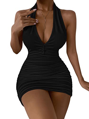 SheIn Damen Neckholder Kleider Ohne Ärmel Bodycon Minikleid Rückfrei Clubkleid Partykleid mit V-Ausschnitt Schwarz M