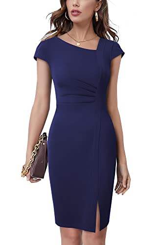 HOMEYEE Damen Vintage V-Ausschnitt Bodycon Business Bleistiftkleid mit Schlitz B700 (M, Marineblau)