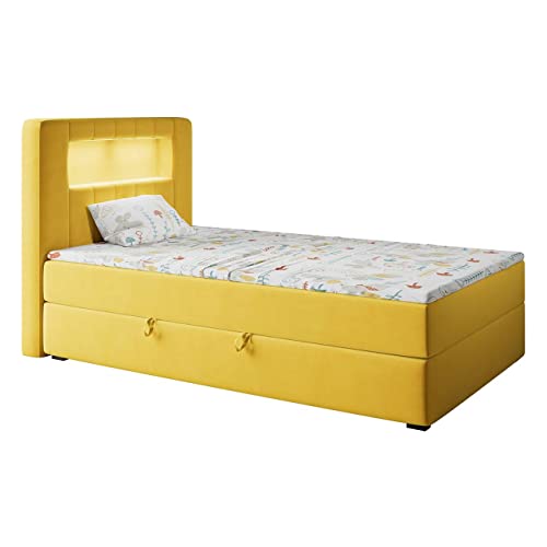 MKS MEBLE Kinderbett mit Led - Polsterbett Gold JUNIOR1 - Jugendbett Funktionsbett Led Bett Boxspringbetten für Kinderzimmer, Jugendzimmer - 90x200 Gelb