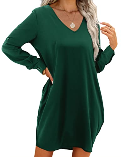 Beluring Damen Herbst Kleid Langarm Elegante Blusenkleid V Ausschnitt Partykleider Olivgrün XL