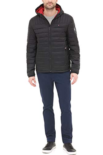 Tommy Hilfiger Herren Wasserabweisende Jacke mit Kapuze Daunenalternative Mantel, schwarz, Large