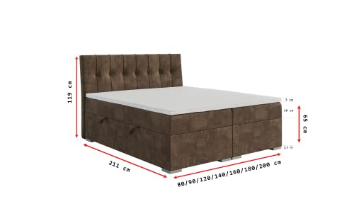 ALTDECOR Boxspringbett mit H3-Matratze (20 cm hoch) mit Bonellfederung + PUR, Topper (5 cm hoch), Polsterbett mit Kopfteil und Bettkasten 180x200 - Braun M.V 2214