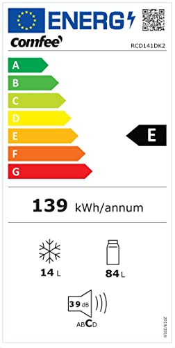 Comfee RCD141DK2 Kühlschrank mit Gefrierfach/98L Tischkühlschrank/Obst- und Gemüsefach/Temperaturregelung/LED Beleuchtung/39 dB/139 kWh/Jahr/Schwarz