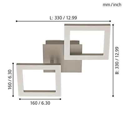 EGLO LED Deckenleuchte Huerta, Wohnzimmerlampe Modern, 2 flammige Deckenlampe, Küchenlampe aus Metall in Nickel-Matt, Kunststoff in Weiß, LED Schlafzimmerlampe warmweiß , L x B 33 cm