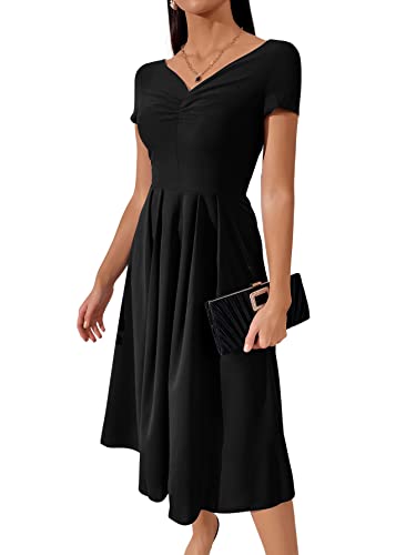 SheIn Damen Kleid Elegant Sommerkleid V Neck Faltenkleid A Linie Partykleid Vintage Rockbillty Freizeitkleid Knielang Kleider Schwarz M