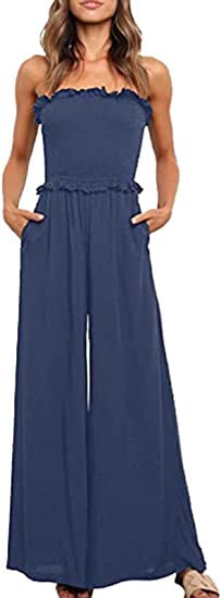 Dokotoo Damen Jumpsuit Ärmellos elegant Overall Party Overalls Hosenanzug Playsuit Lang Romper Rückenfrei Sexy Hosen mit Taschen Blau L