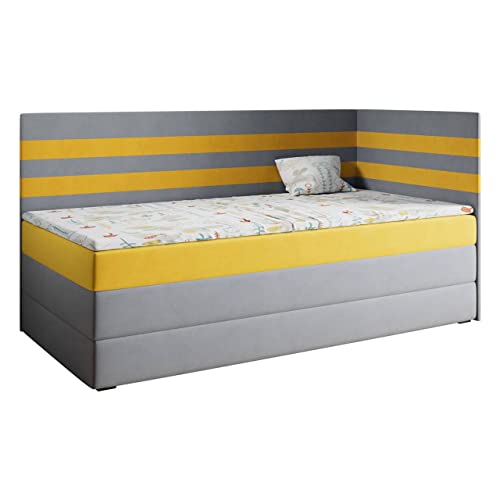 MKS MEBLE Kinderbett Polsterbett Mit Matratze MIKO3 - Jugendbett Mit Stauraum Boxspringbetten für Kinderzimmer, Jugendzimmer - 90x200 Grau und Gelb