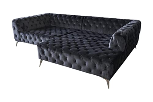 XXL Couch Federkern - KAWOLA Ecksofa Schwarz I Federkern Couch mit Recamiere rechts I Chesterfield Sofas mit Metallfüße (BxHxT) 279x71x190 I Chesterfield Ecksofa Couch I Eckcouch mit Federkern