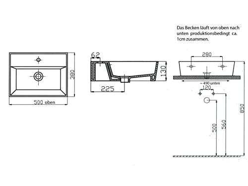 Aqua Bagno Basic | Design Waschbecken im modernen Stil, Waschtisch aus Keramik, Aufsatzwaschbecken weiß | 50x38x13 cm