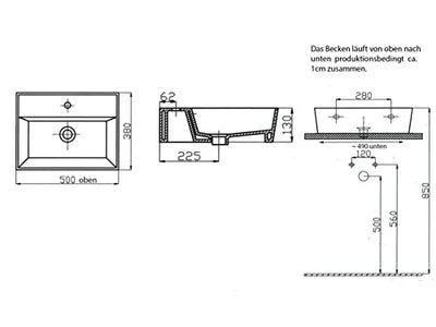 Aqua Bagno Basic | Design Waschbecken im modernen Stil, Waschtisch aus Keramik, Aufsatzwaschbecken weiß | 50x38x13 cm