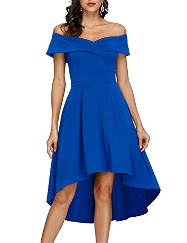 JASAMBAC schulterfreies High-/Low Damenkleid, A-Linie, Kleid für Hochzeit, Party, Cocktailkleid, königsblau, XX-Large