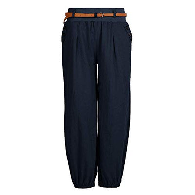 OEAK Damen Leinen Hose Haremshose Lang Chino Einfarbig Sommerhose Pumphose Aladinhose Pluderhose Baggy Harem Stil Strandhose mit Gürtel,Marine,Gr.L