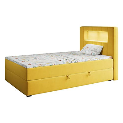 MKS MEBLE Kinderbett mit Led - Polsterbett Gold JUNIOR1 - Jugendbett Funktionsbett Led Bett Boxspringbetten für Kinderzimmer, Jugendzimmer - 90x200 Gelb