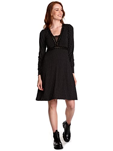 Vive Maria Paris Afternoon Damen A-Linien-Kleid schwarz Allover, V-Ausschnitt, gepunktet, ohne Kragen, A-Linie, Langarm, Knielang, Größe:XS