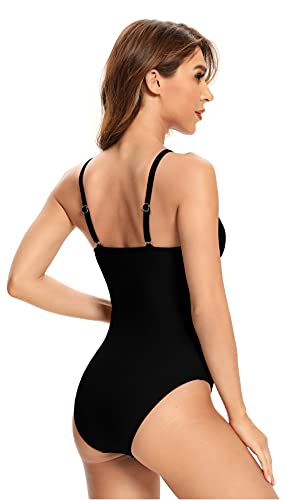 SHEKINI Damen Einteiliger Badeanzug Retro Masche-Design Verstellbar Rückenfrei Slim Bauchweg Bademode High Neck Einteiliger Swimsuit（S, Schwarz）